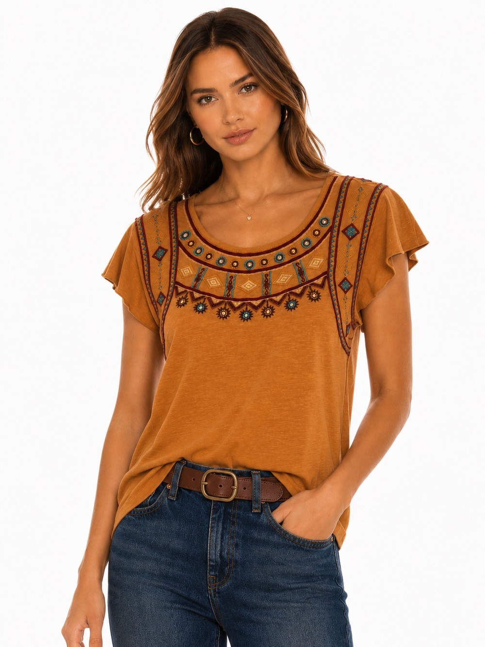 Sundance Embroidered Mustard Flutter Sleeve Southwestern Boho Top Size M